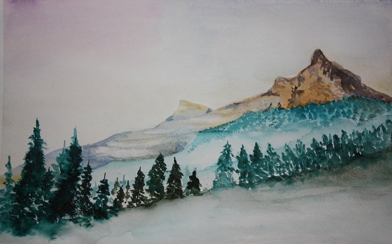 Рисунок горы красками поэтапно