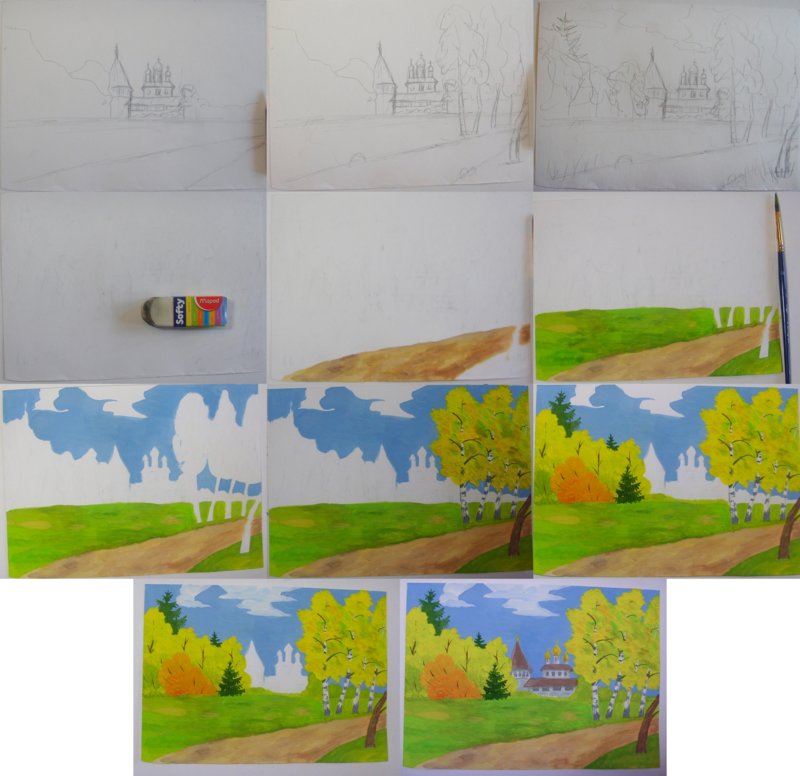 Как нарисовать пейзаж карандашом и красками