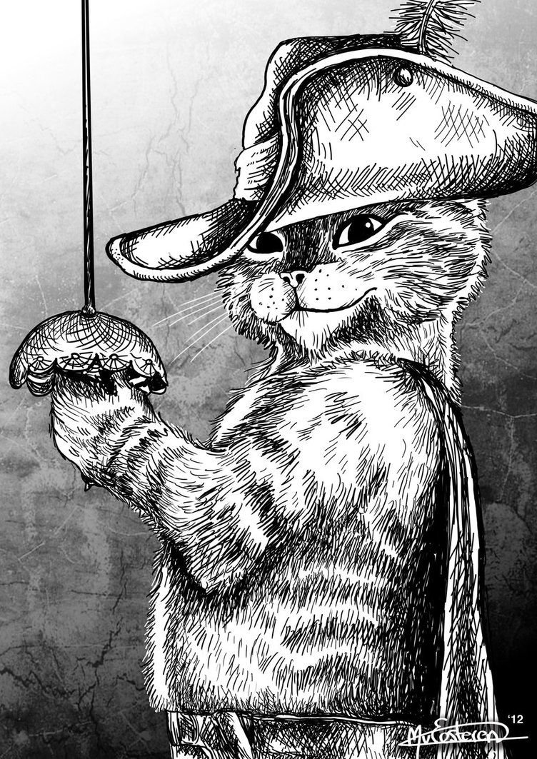 Рисунок кота из шрека карандашом