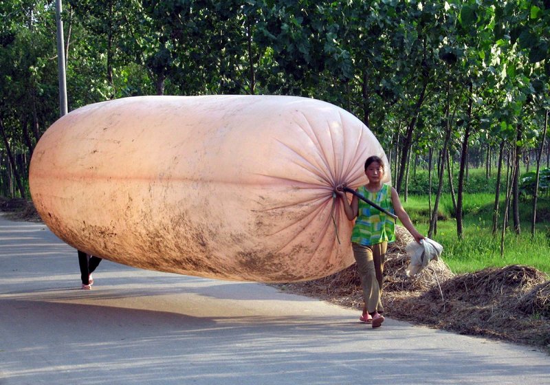 Огромный мешок похож на гигантскую колбасу
